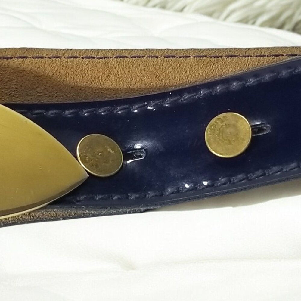 Rare Women’s Art Deco Belt Italian Retro Patent Leather in Blue w/a Gold Buckle - Picture 4 of 13